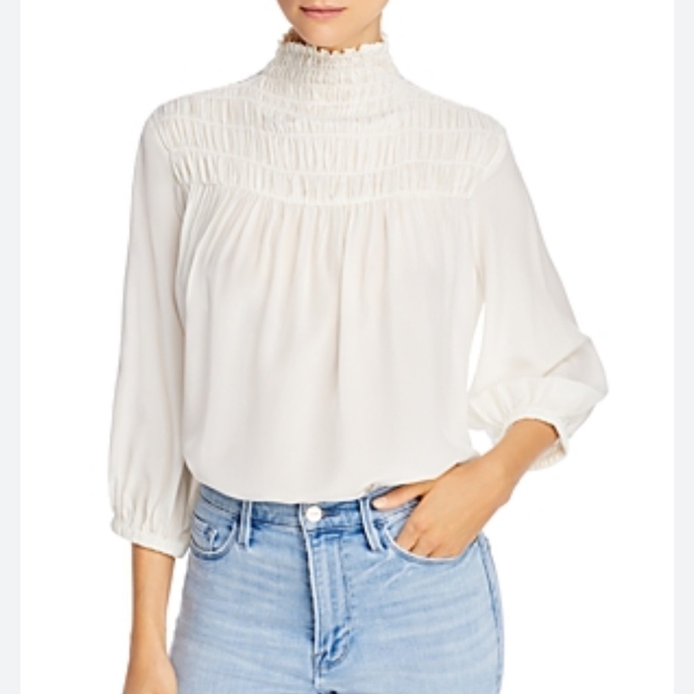 FRAME Smocked Neck Silk Top in Off White Size XS